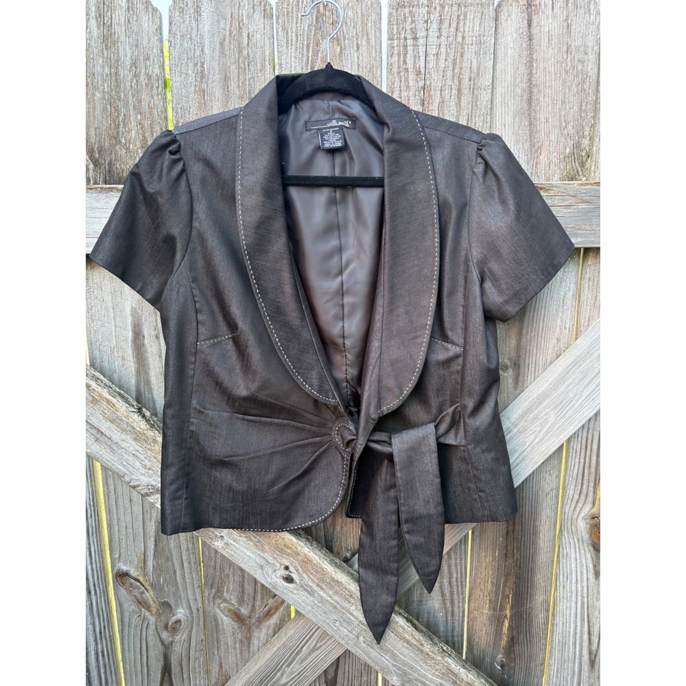 Willi Smith Women Charcoal Gray Short Sleeve Tie Front Peplum Blazer Jacket 8